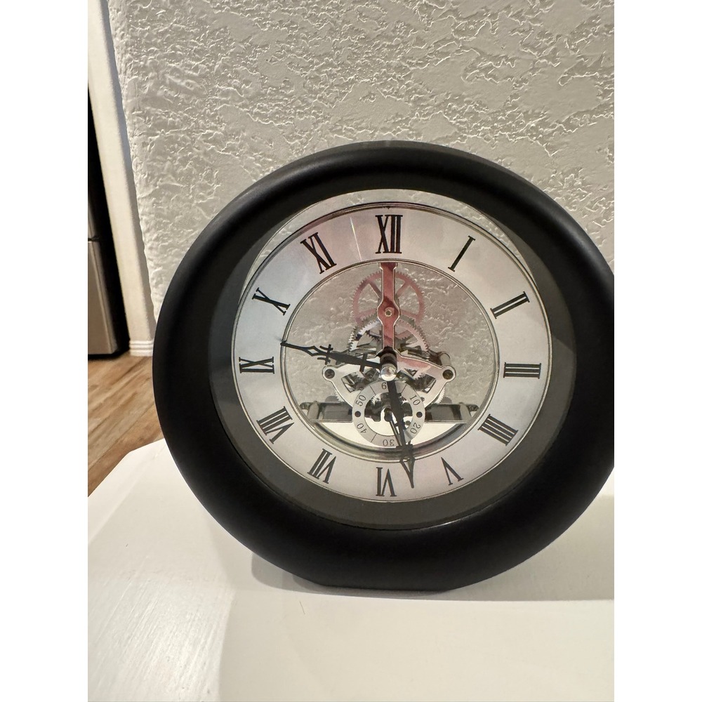 Modern Matte Black Skeleton Desk Clock Silver Gears Roman‎ Numerals Analog